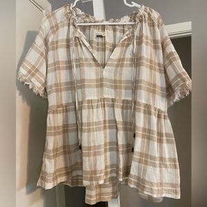 Anthropologie fall blouse beige plaid size small oversized